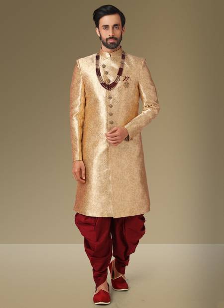 Gold Colour Exclusive Traditional Wear Jacquard Banarasi Brocade Indo Western Mens New Collection 1116